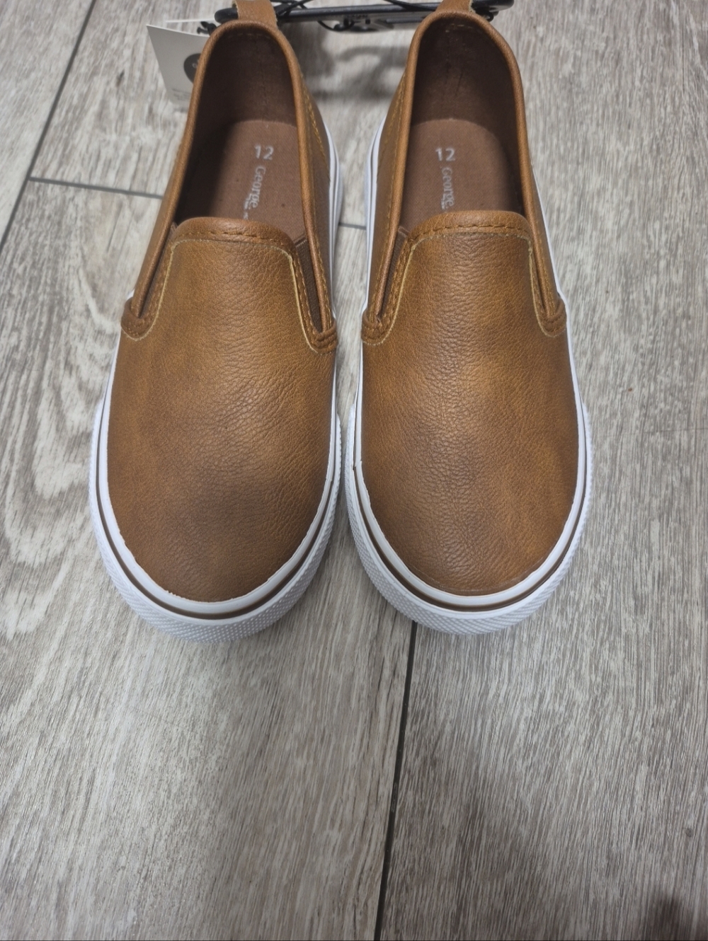 George Kids Brown Slip-On Sneakers. White Sole & Faux Upper Leather. Memory Foam